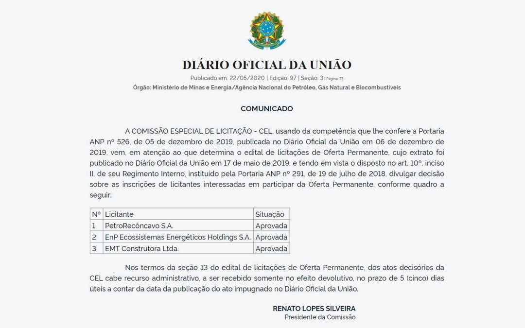 EnP tem inscrição aprovada pela ANP para participar do leilão da Oferta Permanente